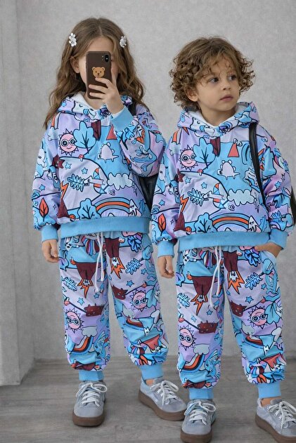 Girls' Patterned Hooded Tracksuit Set Bottom Top Set
