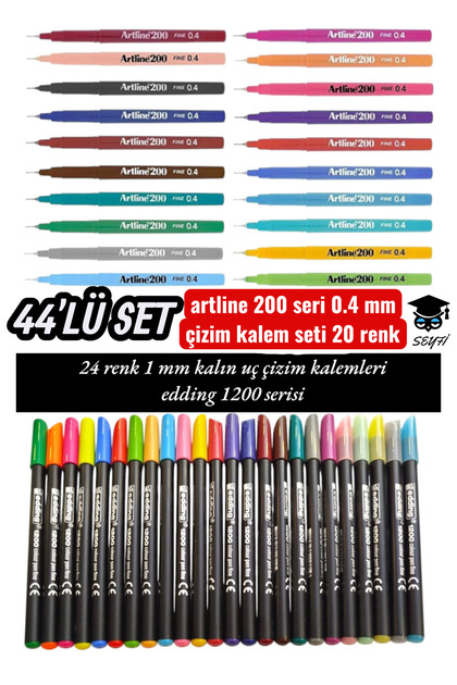 artline 200 seri 0.4mm çizim kalem seti 20 renk ve 24 adet eDding