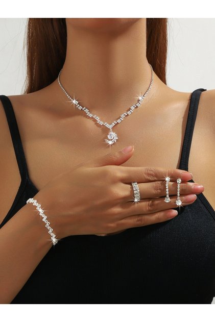 Silver Crystal Necklace with Earrings and Bracelet and Ring Set