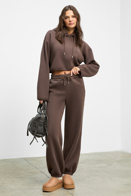 Ayatre Women's Organic Cotton Fleece Lined K Hooded Regular Elastic Waist Dark Brown Top and Bottom Set