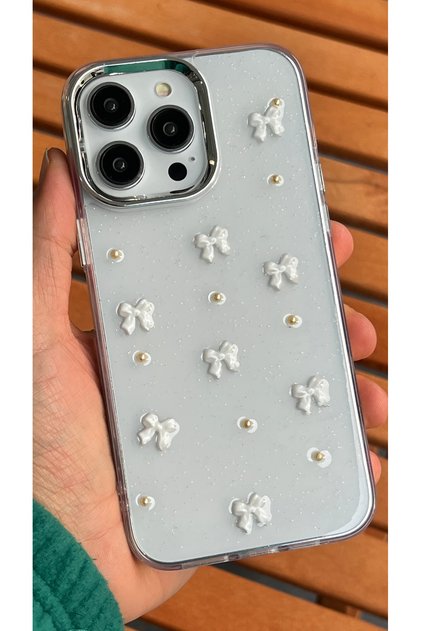 iPhone 15 Pro Max - Transparent Glitter White Bow Pattern Cover Shiny Case with Camera Protrusion