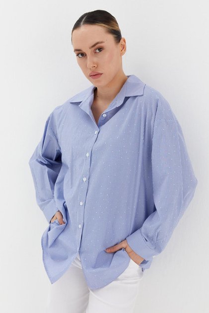 Striped Stone Detailed Oversized Shirt Cobalt