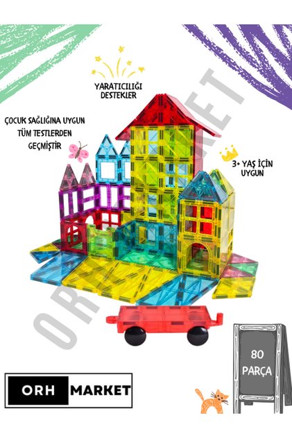 Araba Dahil 80 Parça Büyük Boy 7.5cm Manyetik Blok Seti | Güçlü Mıknatıslı Zeka Geliştirici Oyuncak
