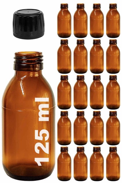 125 ml Round Medicine Syrup Bottle 125 Cc Amber Brown Glass Bottle with Lockable Black Cap 20 Pieces
