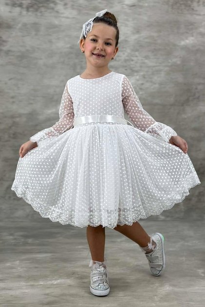 Girls' Polka Dot Detailed Princess White Dress with Transparent Tulle Sleeves