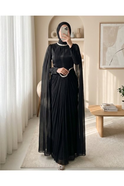 Janjan Evening Dress with Cape Detail and Stones on the Collar and Waist - Black
