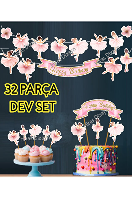 32 Parça Balerin Happy Birthday Doğum Günü Banner Pasta Kürdanı Cupcake Doğum Günü Süsü Kokteyl Kürdan Söz Nişan Doğum günü Kokteyl Davet ve Sunum Pasta Süsü Süsleme Kalın Kağıt