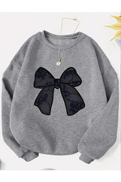 Women's Black Patterned Kurdale Printed Crew Neck Gray Sweatshirt