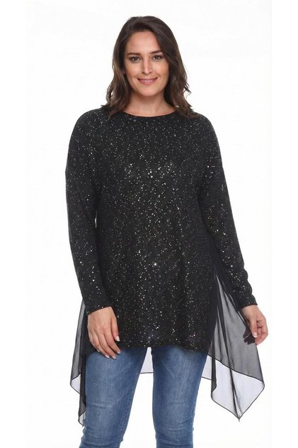 Sequin Tulle Detail Plus-Size Tunic, Black