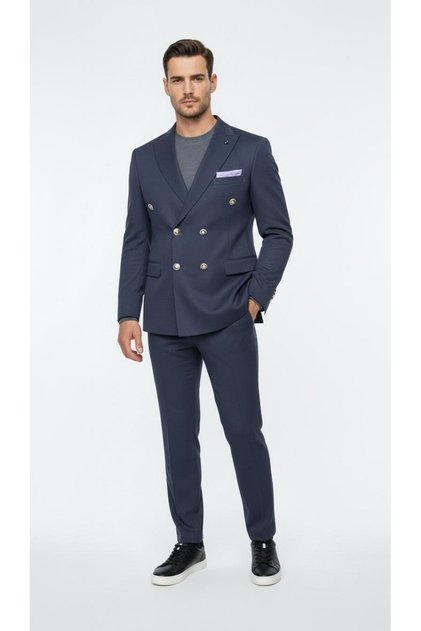 Erkek Kruvaze Gold Düğmeli Dokulu Likralı Kumaş Blazer Ceket – Modern Kesim Şık Tasarım