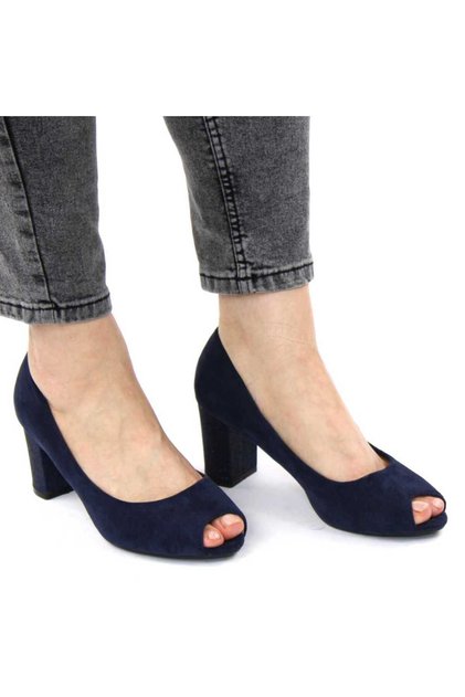 Pantofi de dama, eleganti, decupati in varf, cu toc decorat cu glitter H32-DK.BLUE