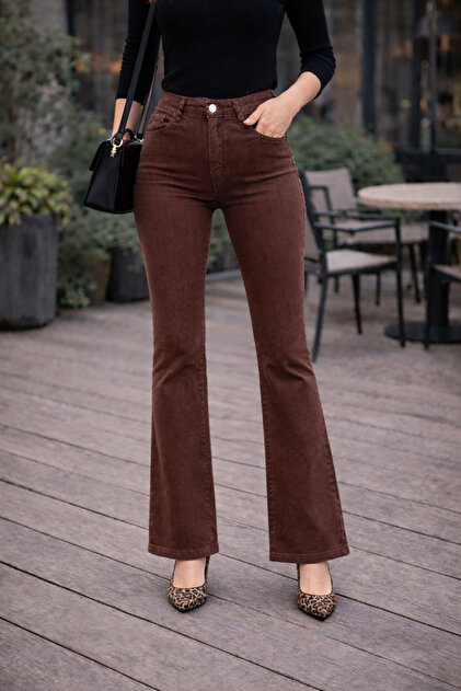 Vanessa Women's Brown High Waist Stretch Fabric Flared Spanish Leg Jeans Denim Trousers