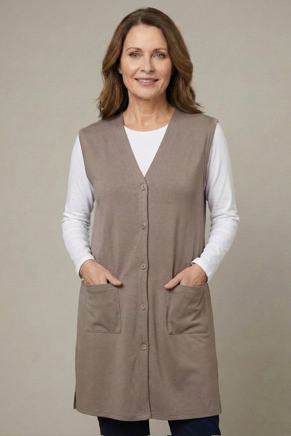 Women's Mother Mink Buttoned Pocket V-Neck Long Tunic Thin Combed Cotton Vest