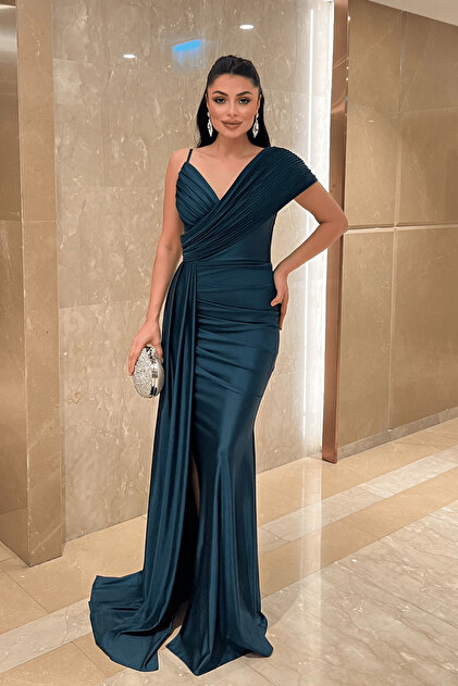 emerald green dress with shawl giyimmasalı Jersey Fabric Patterned Evening - green dress with fur shawl