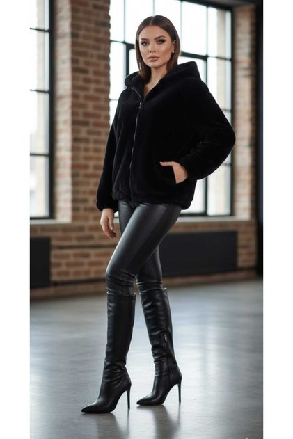 Soft Textured Rabbit Fur Lined Zippered Hem and Sleeves Elasticated Hooded Sweater Coat