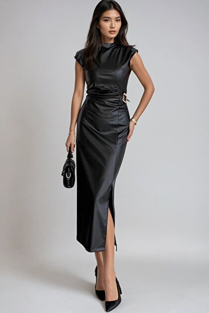 fitted lace wedding dress Fauber Faux Leather Mini Dress Black / 8