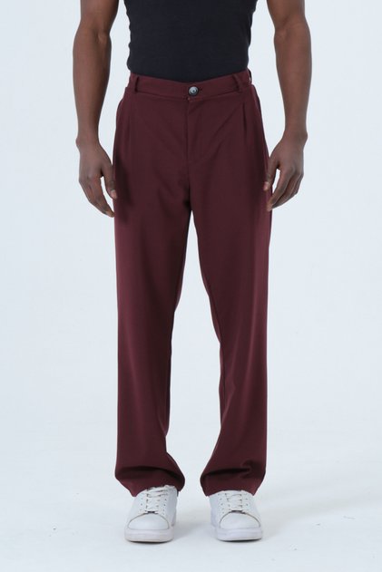 Button Zipper High Waist Pleated Men's Burgundy Baggy Pants