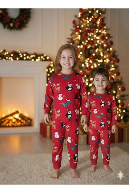 New Year Concept Long Sleeve 2-Ply Fabric Unisex Children's Pajama Set