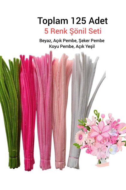 5-Piece Chenille Set 25 Pieces A. Army Green, 25 K. Pink, 25 Candy Pink, A.Pink, 25 White, Fuzzy Wire