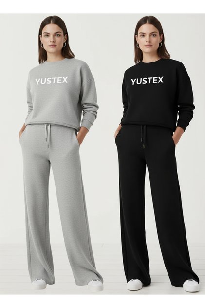 Winter Fleece-Lined Women's 2-Piece (Black + Grey) Sweatpants with Cotton Inside, Loose Fit, Baggy, Plus Size, with Pockets