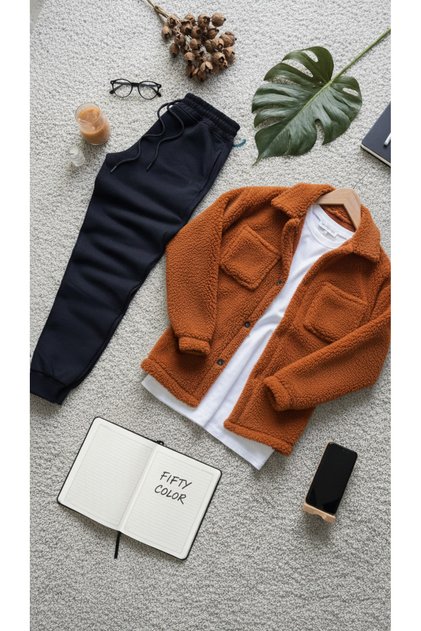 Cinnamon Button Plush Jacket + Black Sweatpants Bottom Combination