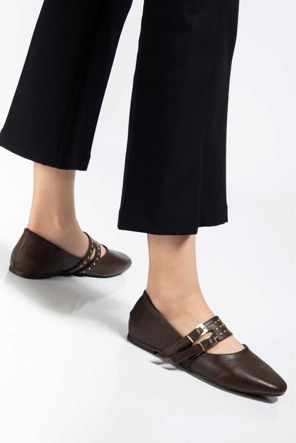 Upper Part with Belt, Stone Details, Double Buckle, Does Not Make Noise When Walking, Everyday Comfortable Ballet Flats