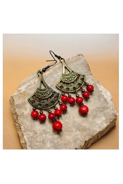 Red Authentic Handcrafted Earrings with Pressed Howlite Stone