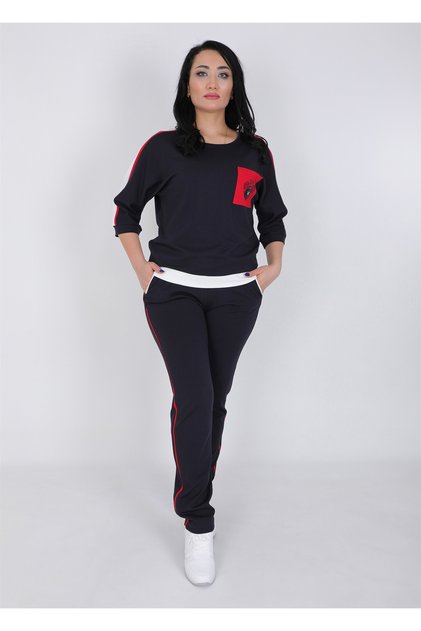 Women's Navy Blue Seasonal Stone Pocketed Tracksuit Set with Side Stripes