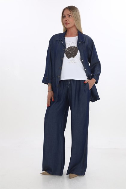 Women's Navy Blue Summer Snap Fastener T-Shirt with Elastic Waist Printed 3-Piece Set