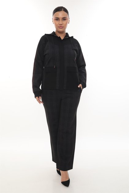 Women's Winter Striped Pocket Zippered Hooded Black Tracksuit Set
