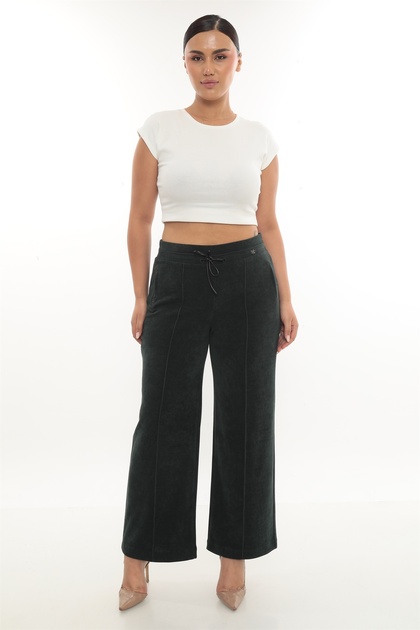 Women's Winter Emerald Green Velvet Trousers with Bee Accessories and Stone Detailing on the Cuffs