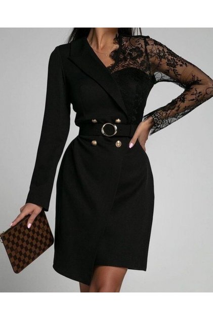 Rochie de damă scurtă din crep, cu mânecă lungă, petrecută, cu guler și închidere frontală cu nasturi, design șic și special