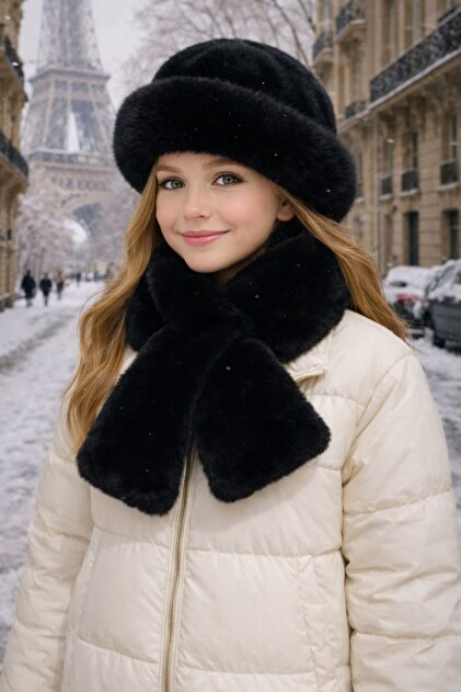 Black Soft Textured Children's Hat and Neck Collar Set of 2, Ages 10-15
