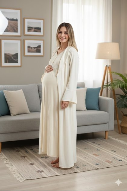 Women's Beige Jacquard Shawl Collar Short Sleeve 2-Piece Special Design Maternity Dressing Gown Nightgown Set