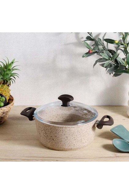 Creamy Granite Casserole 24x11cm Premium Nonstick Granite Cooking Pot with Glass Lid