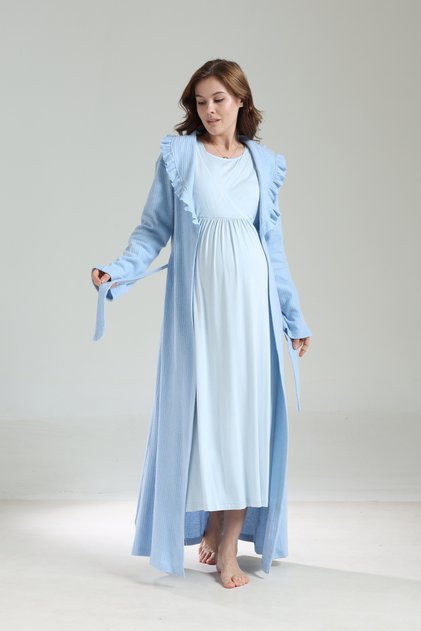 Ruffle Detailed Long Maternity Dressing Gown and Nursing Compatible Nightgown Set