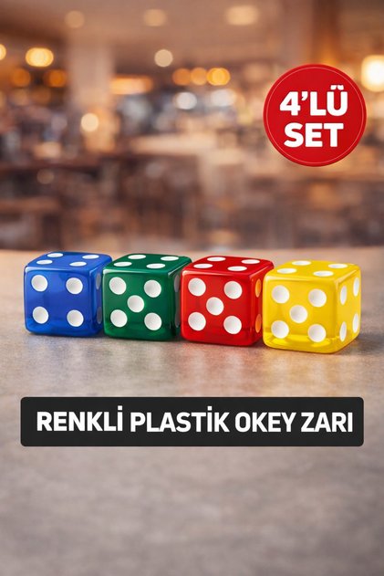 Renkli Plastik Okey Zarı 16 mm – 4’lü Set | Mavi Yeşil Kırmızı Sarı Zar