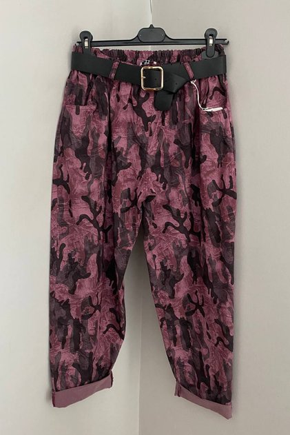 Women's Italian Elastic Waist Belted Camouflage Patterned Side Pocket Oversized Casual Trousers