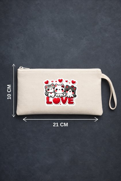 Cute Cats Love Written Printed Zippered Cloth Pencil Holder, Makeup Bag, Handbag