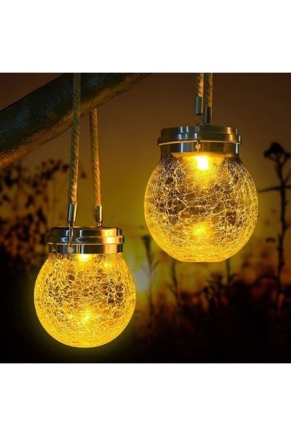 2 Adet Solar Güneş Enerjili Çatlak Cam Bahçe Feneri - Halat Askılı Dekoratif Dış Mekan Aydınlatma