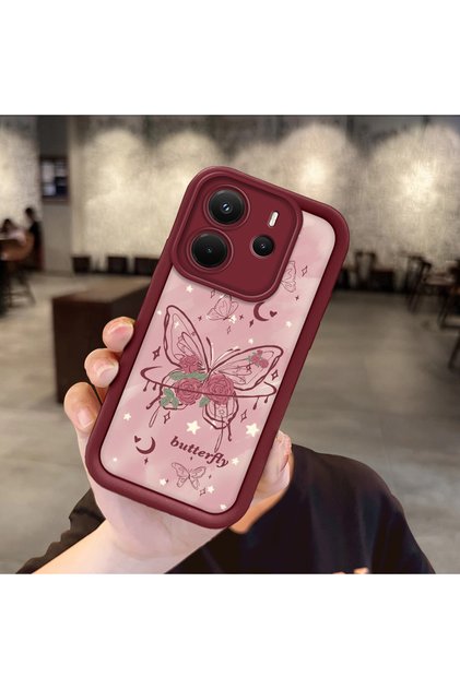 Xiaomi Redmi Note 14 Compatible Rose Butterfly Patterned Burgundy Silicone Shockproof Case