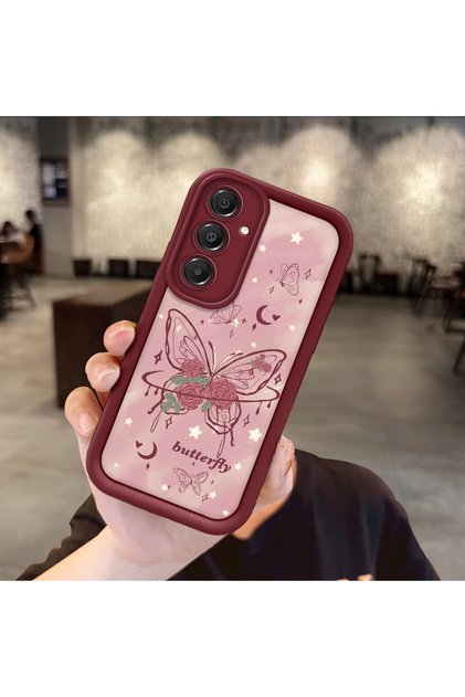Samsung Galaxy A16 Compatible Rose Butterfly Patterned Burgundy Silicone Shockproof Case