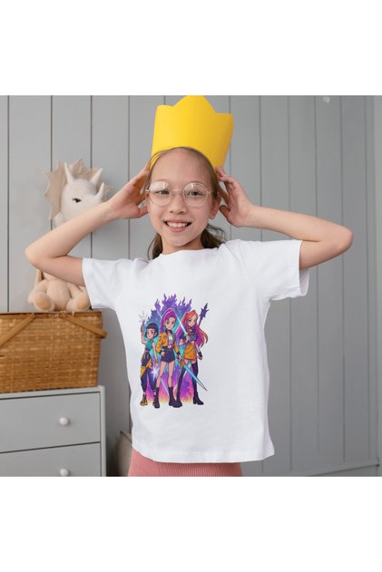 Huntrix Girls' T-Shirt - Rumi Mira Zoey Printed Anime Style White T-Shirt