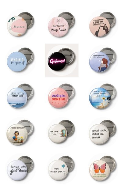 Motivasyon Sözlü Rozet Seti – Kişisel Gelişim Temalı 15’li Tasarım Yaka İğnesi Rozet Seti (44 mm)