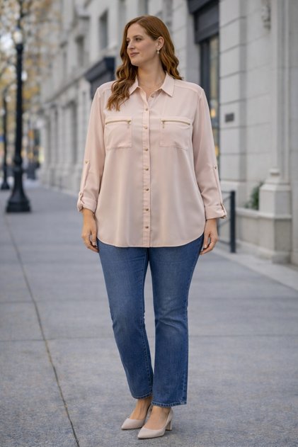 Zippered Plus Size Double Pocket Buttoned Foldable Sleeve Shirt