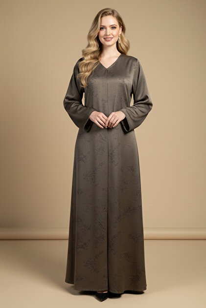 Womens Abaya Long Sleeve Maxi Modest V-neck Quality Fabric Embosed Floral Muslim Arabic Abaya