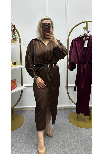 KADIN KEMERLİ PREMIUM MİDİ SATEN ELBİSE