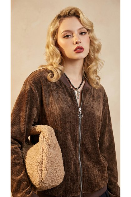 Women's Italian Chenille Velvet Collar Detailed Bomber Jacket - Brown