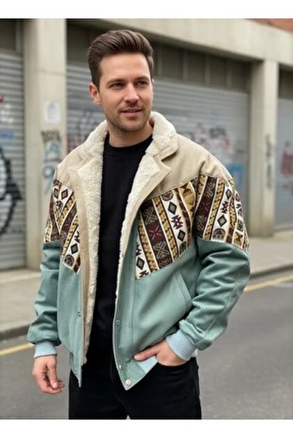 CANMODA (7784) Recien Unisex Kürklü Yaka Vintage Aztek Ceket