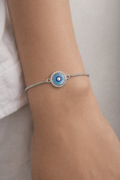 Adjustable Bracelet with Steel Evil Eye Bead Detail